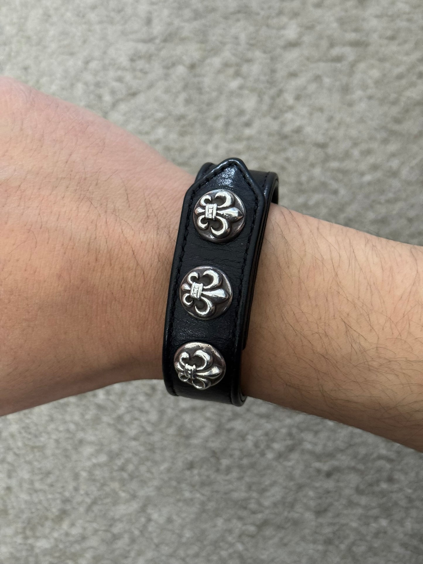 Chrome Hearts 3 Silver Fleur Snap Button Black Leather Bracelet