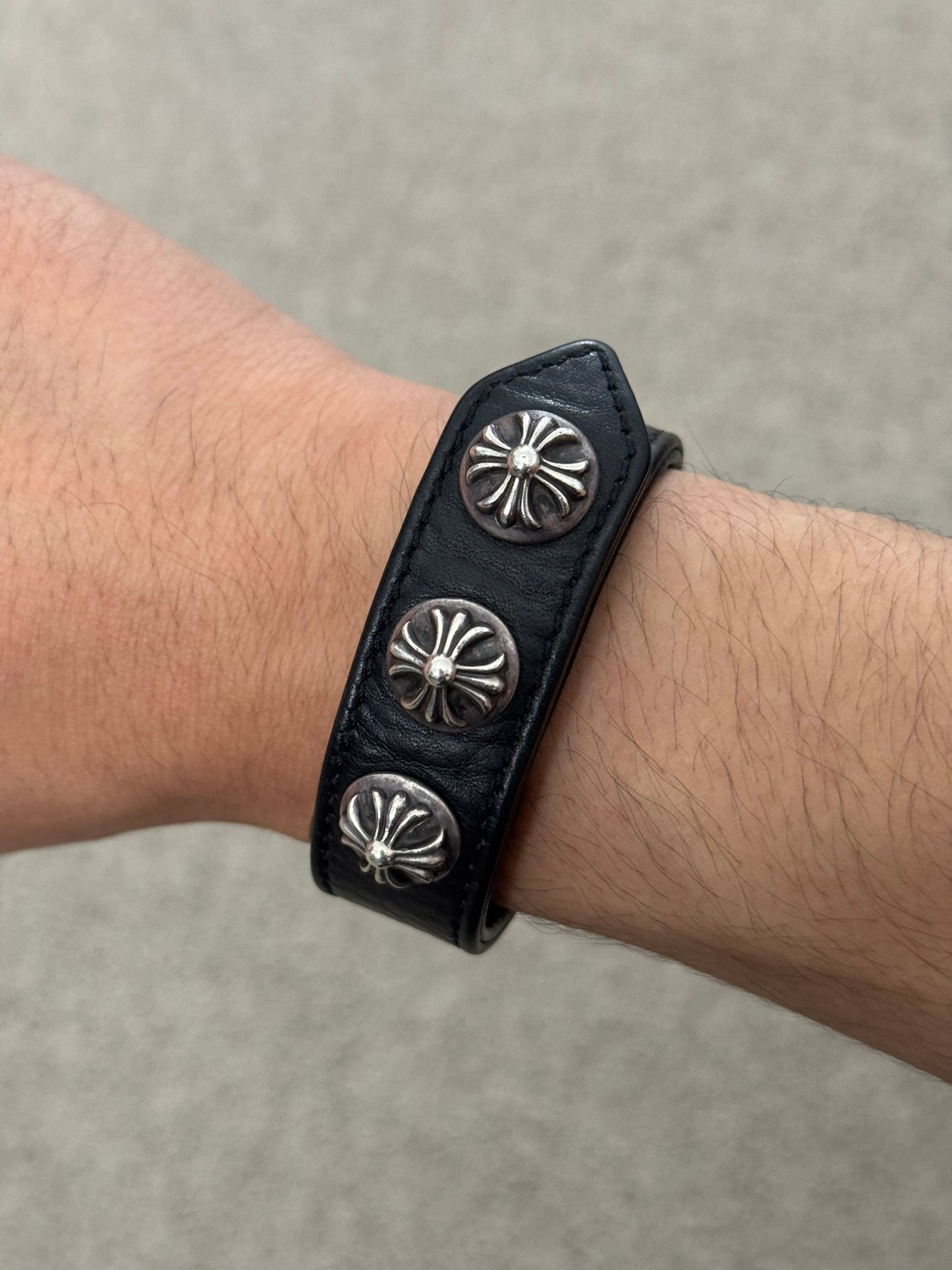 Chrome Hearts 3 Silver Cross Snap Button Leather Bracelet