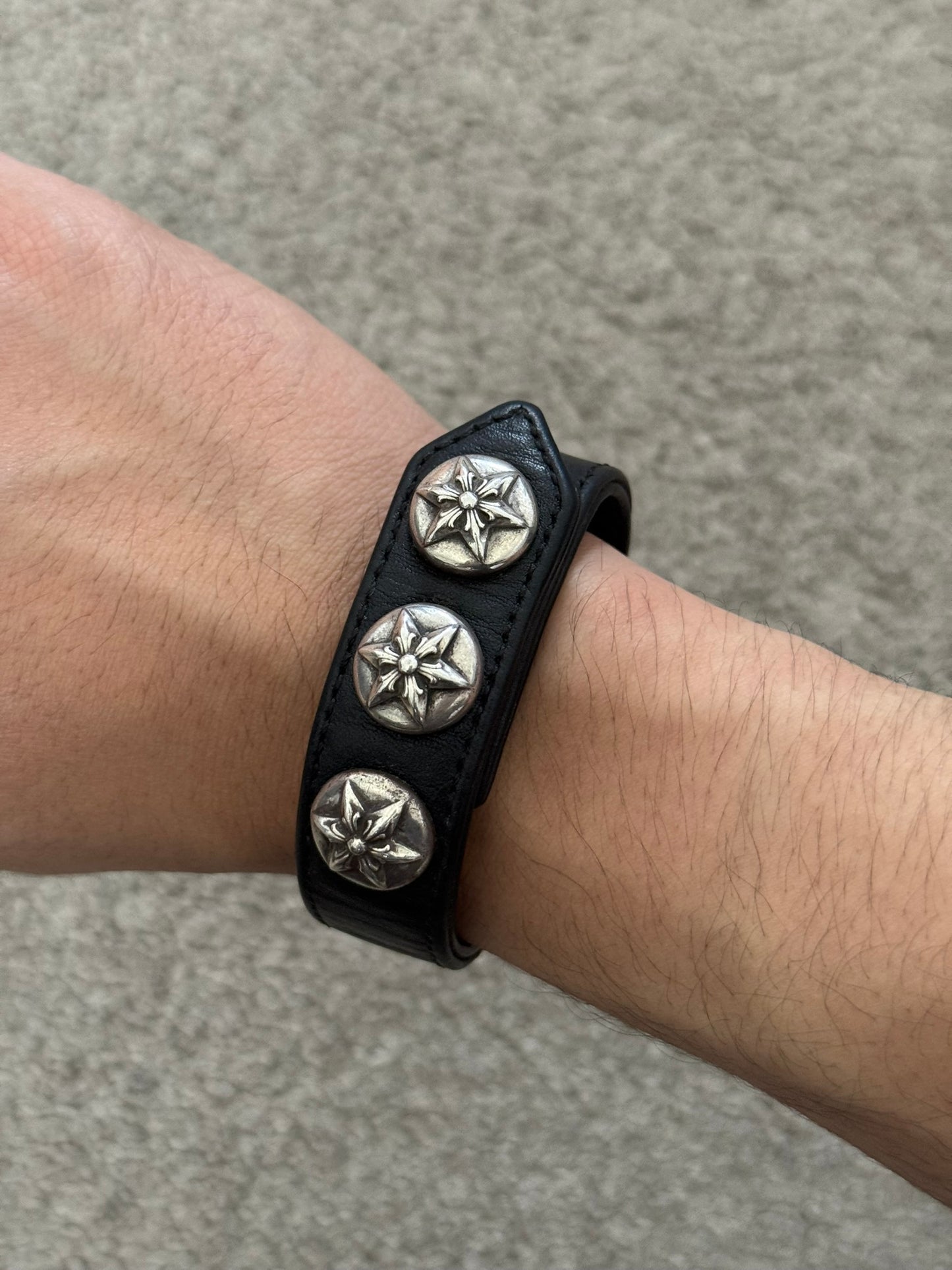 Chrome Hearts 3 Silver Star Snap Button Black Leather Bracelet