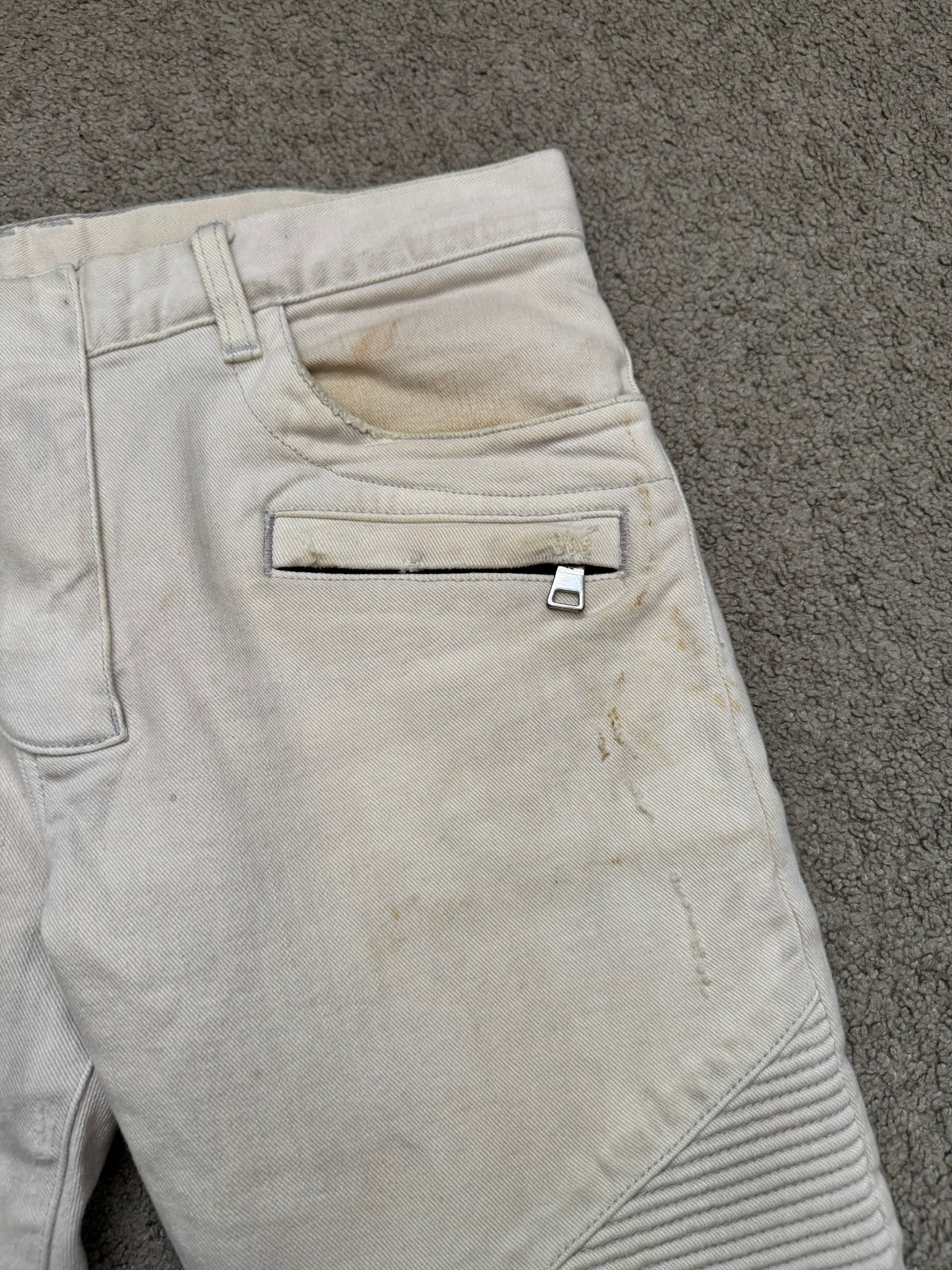 SS14 Balmain by Olivier Rousteing Cream Zip Biker Denim Jeans