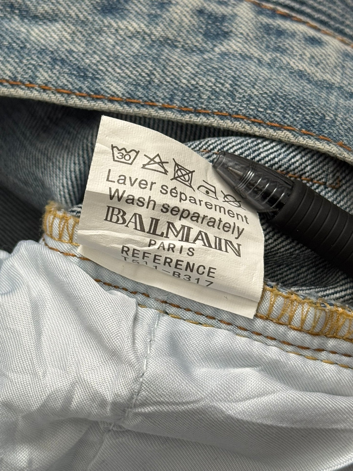 Balmain by Christophe Decarnin Faded Distressed Blue Zip Biker Denim Jeans