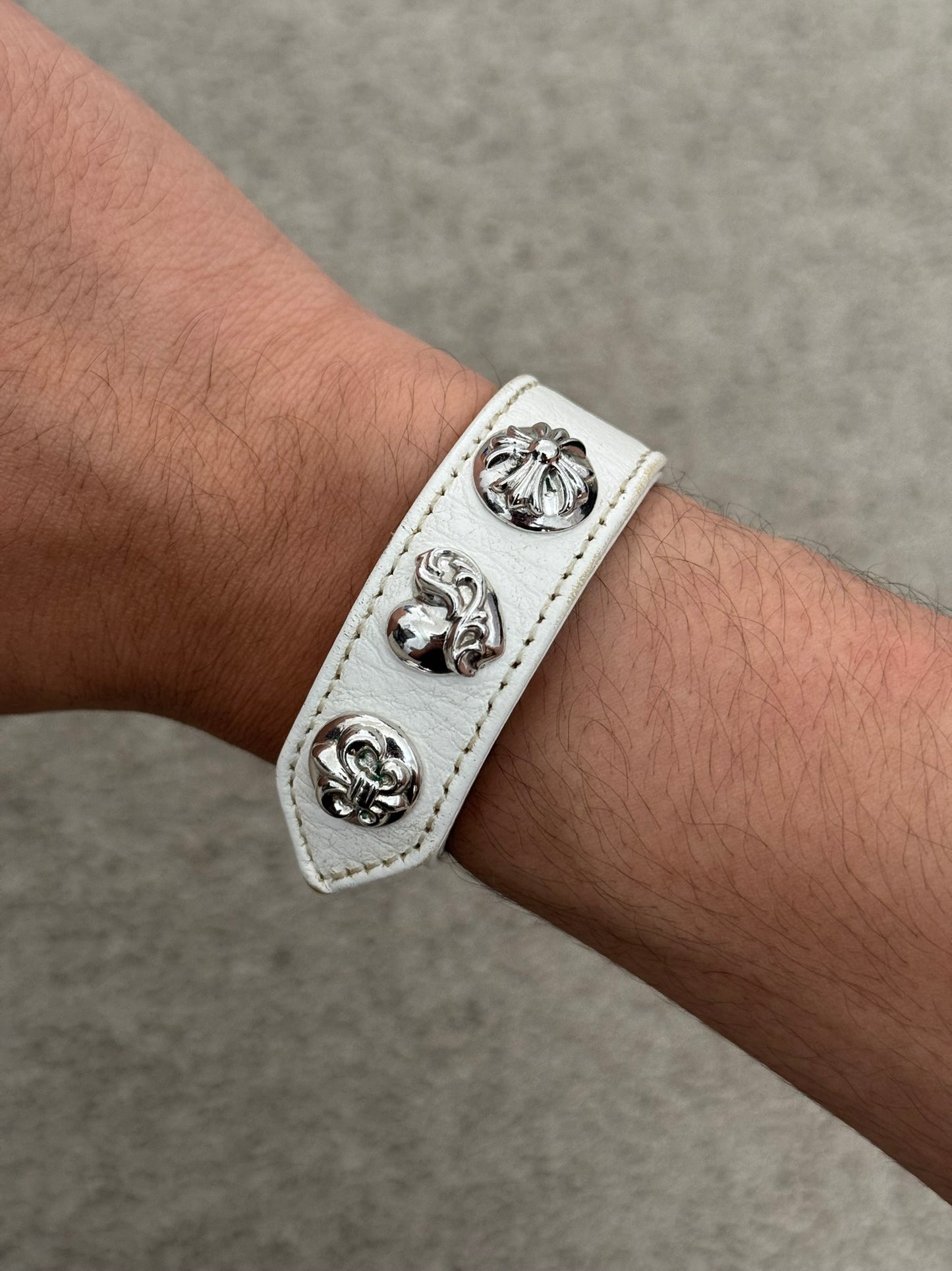 Chrome Hearts 3 Rhodium Silver Snap White Leather Bracelet