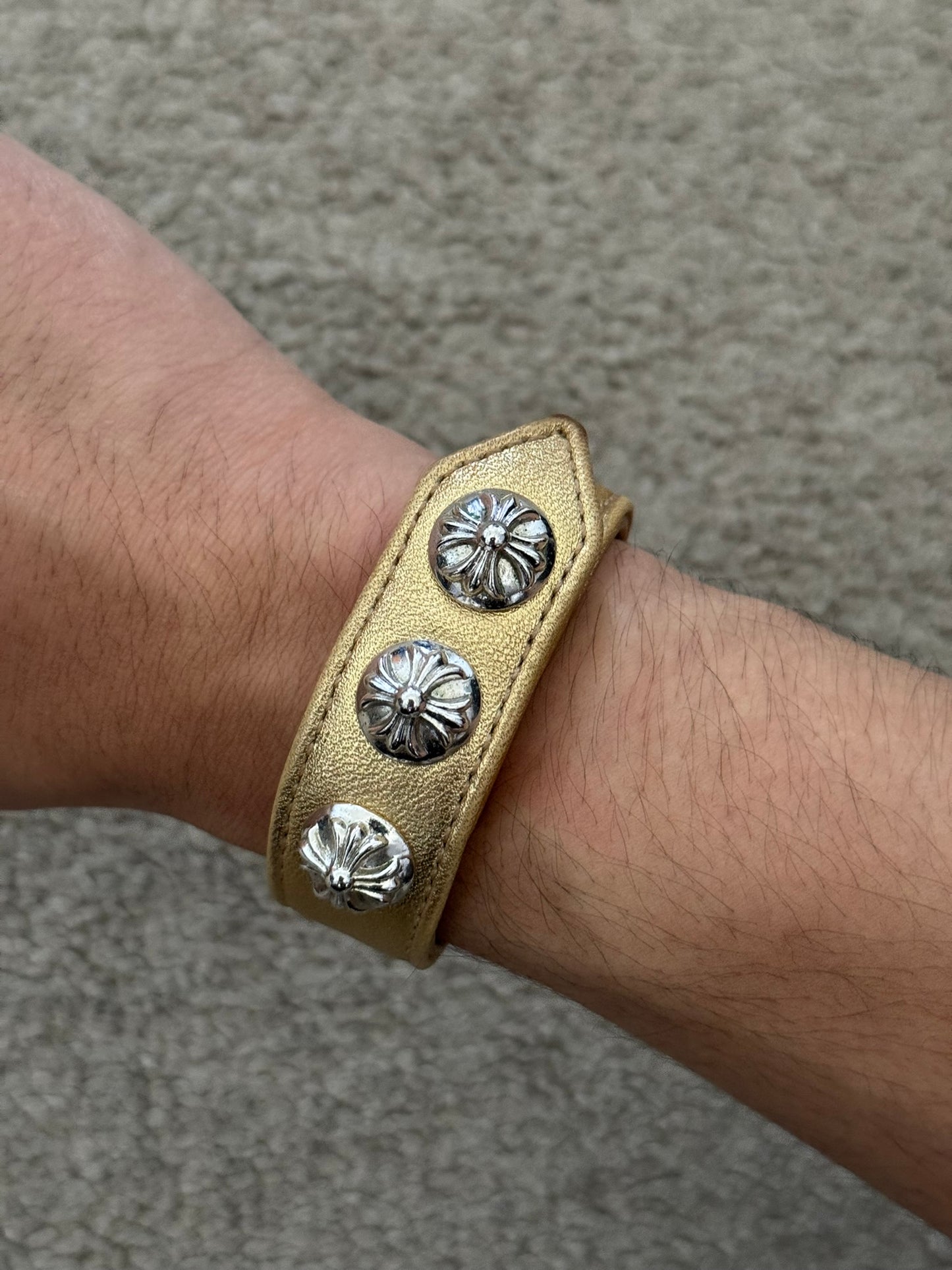 Chrome Heart 3 Rhodium Silver Cross Snap Gold Leather Bracelet