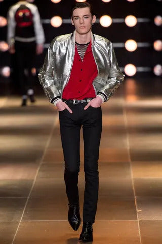 SS14 Saint Laurent by Hedi Slimane Silver Varsity Teddy Bomber Jacket