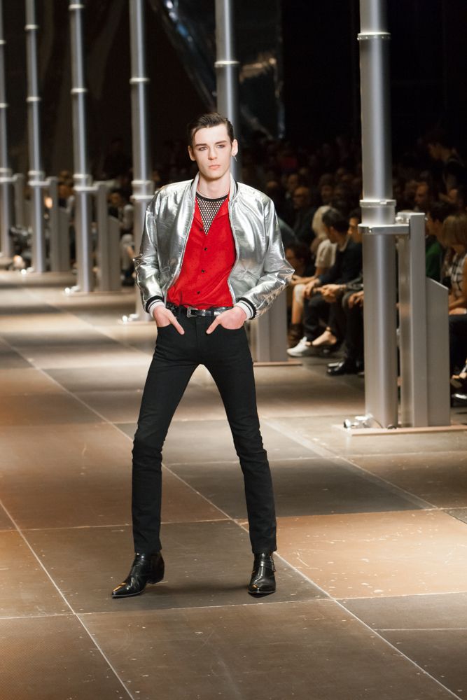 SS14 Saint Laurent by Hedi Slimane Silver Varsity Teddy Bomber Jacket