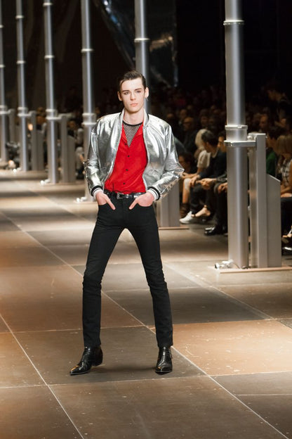 SS14 Saint Laurent by Hedi Slimane Silver Varsity Teddy Bomber Jacket