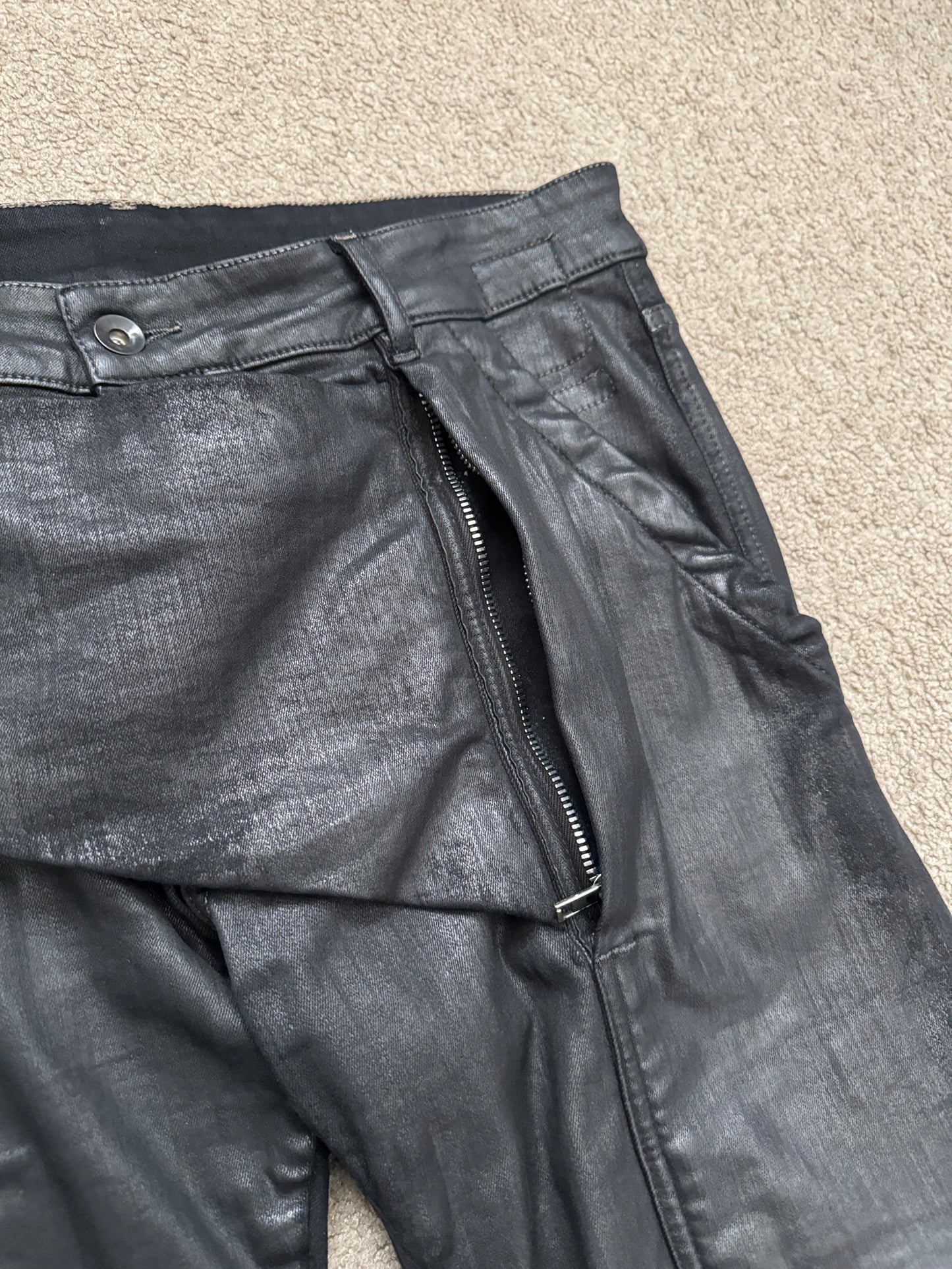 SS17 Rick Owens DRKSHDW Black Waxed Memphis Biker Denim Jeans