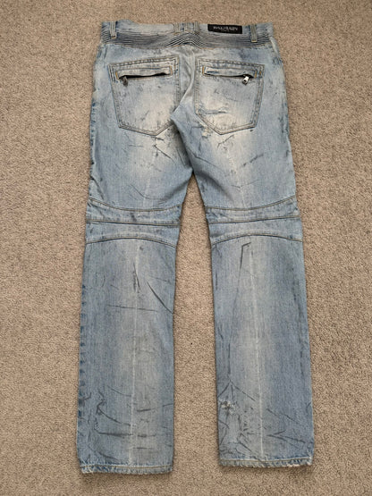 SS11 Balmain by Christophe Decarnin Eagle Coin Light Wash Biker Denim Jeans