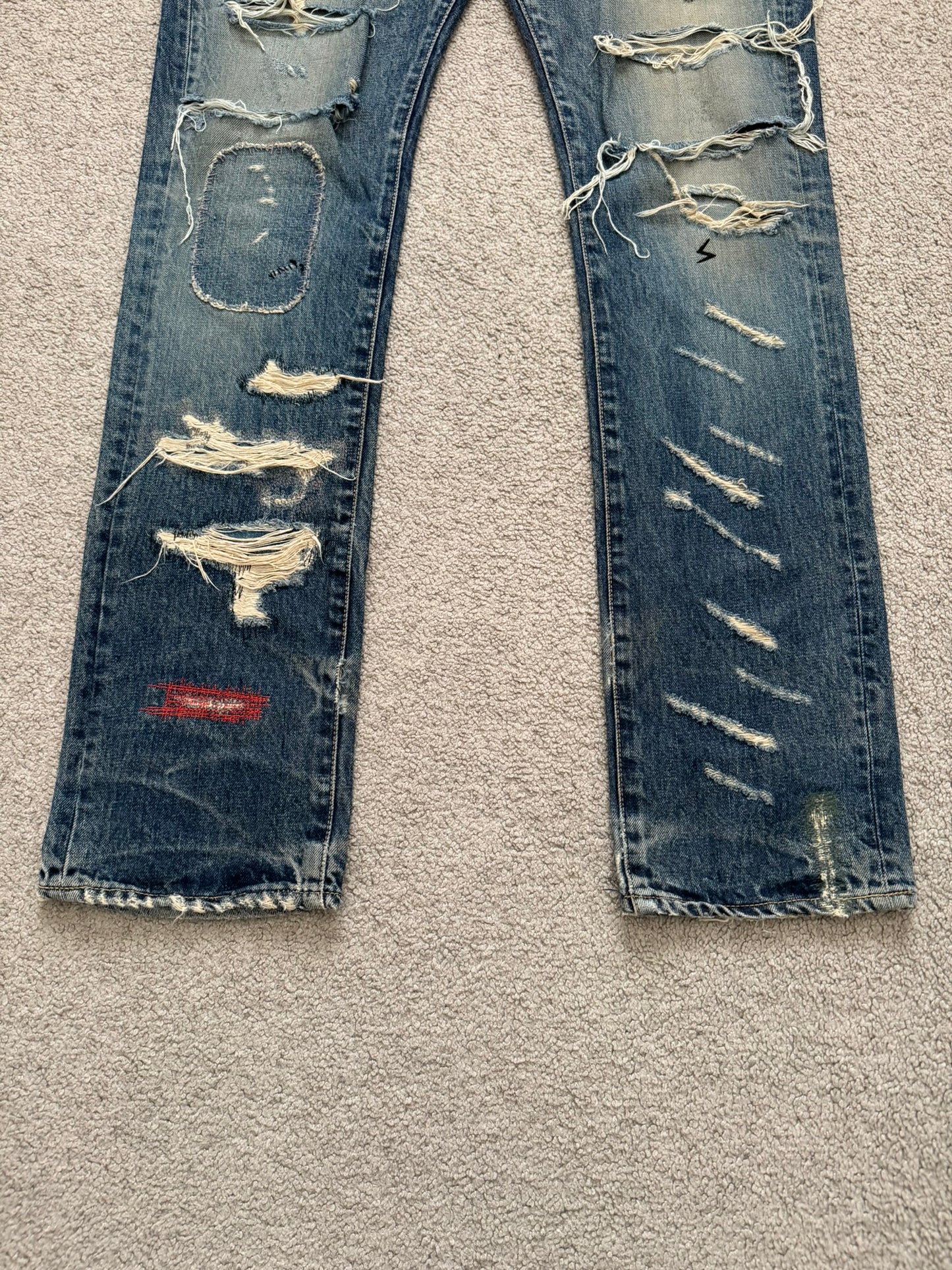 SS05 Undercover "But Beautiful" 60 Distressed Patch Denim Jeans