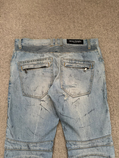 SS11 Balmain by Christophe Decarnin Eagle Coin Light Wash Biker Denim Jeans