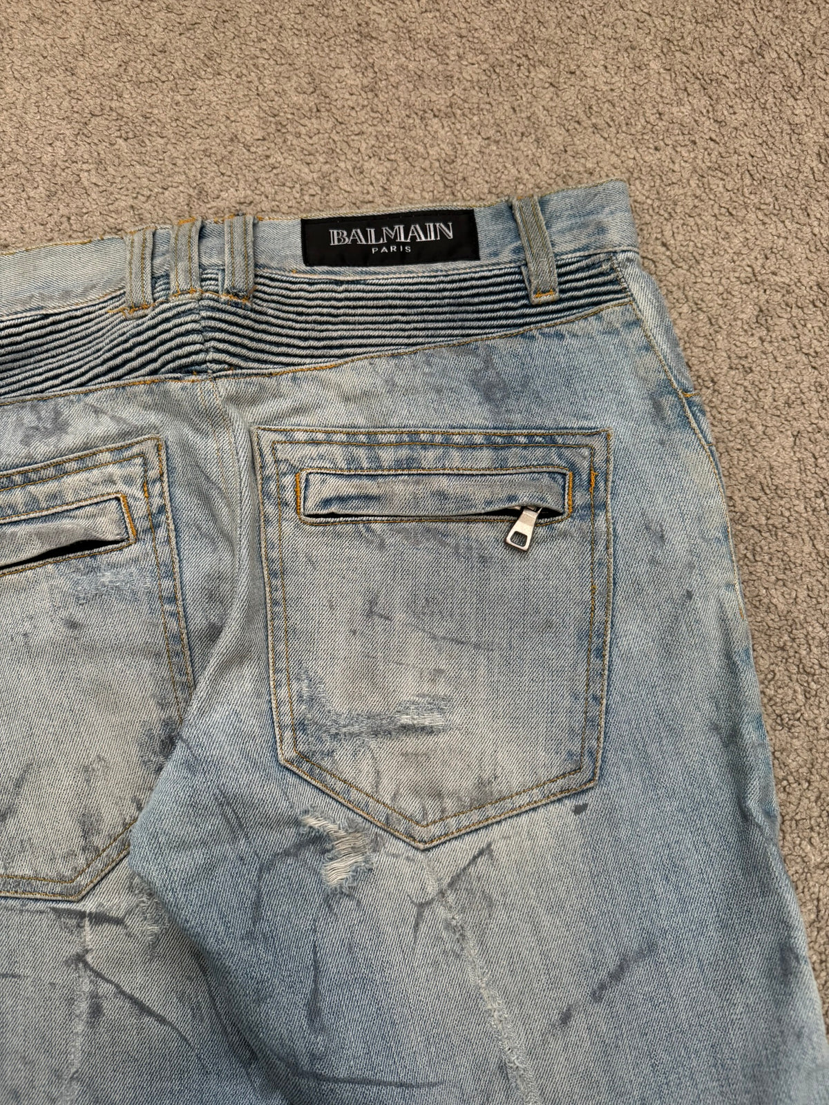 SS11 Balmain by Christophe Decarnin Eagle Coin Light Wash Biker Denim Jeans