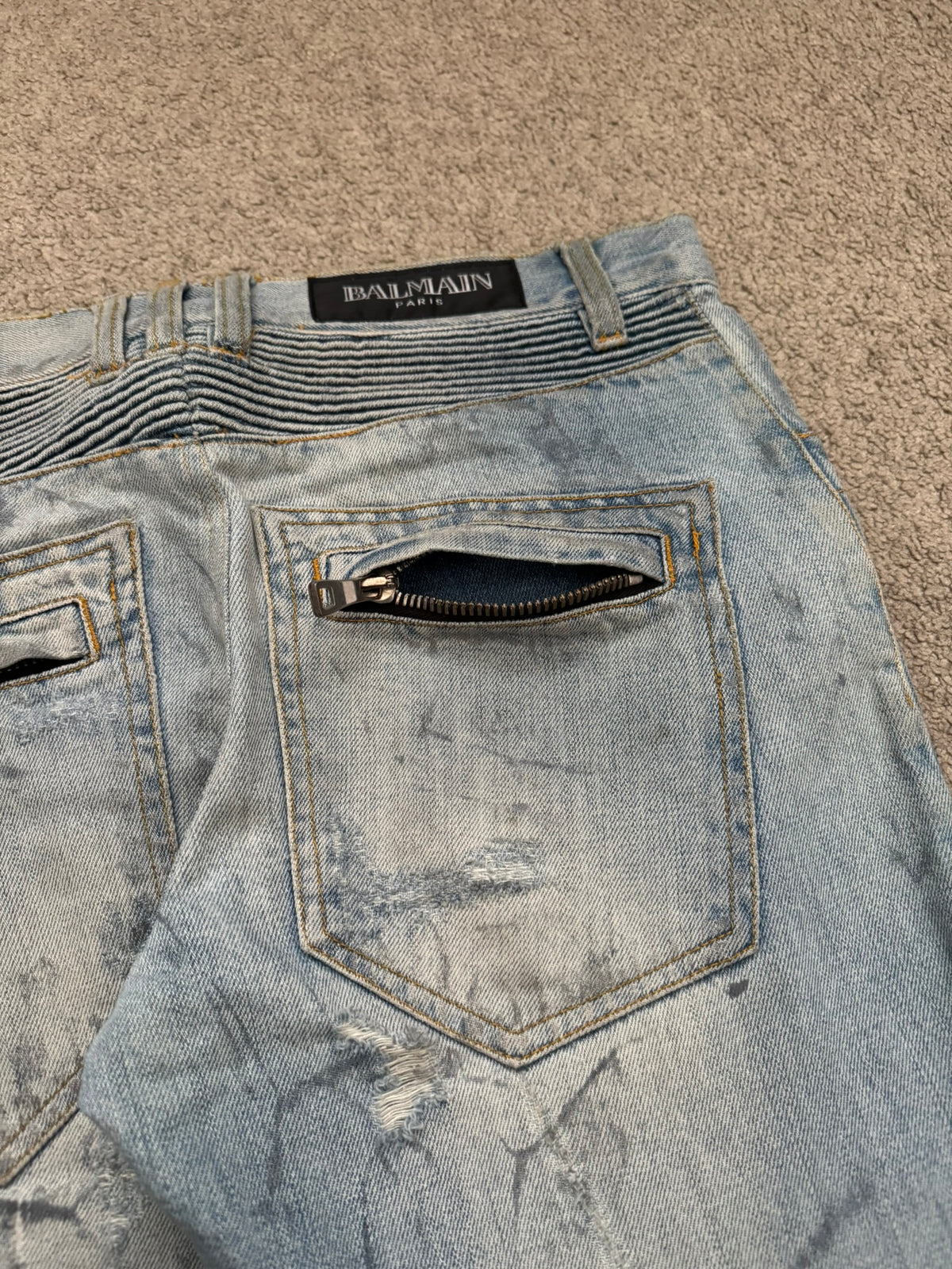 SS11 Balmain by Christophe Decarnin Eagle Coin Light Wash Biker Denim Jeans