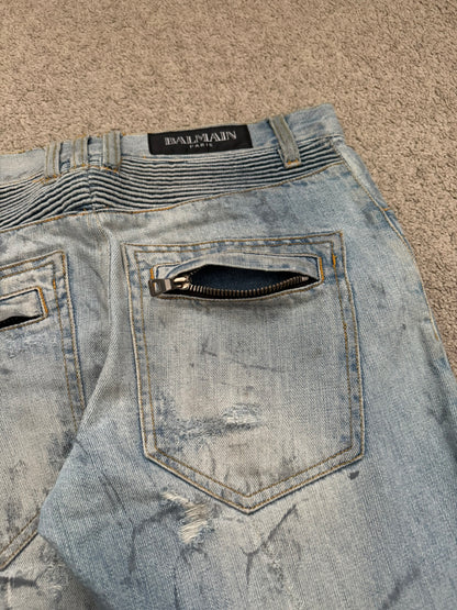 SS11 Balmain by Christophe Decarnin Eagle Coin Light Wash Biker Denim Jeans