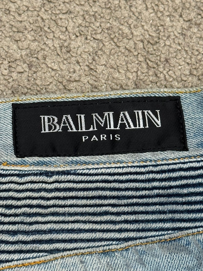 SS11 Balmain by Christophe Decarnin Eagle Coin Light Wash Biker Denim Jeans