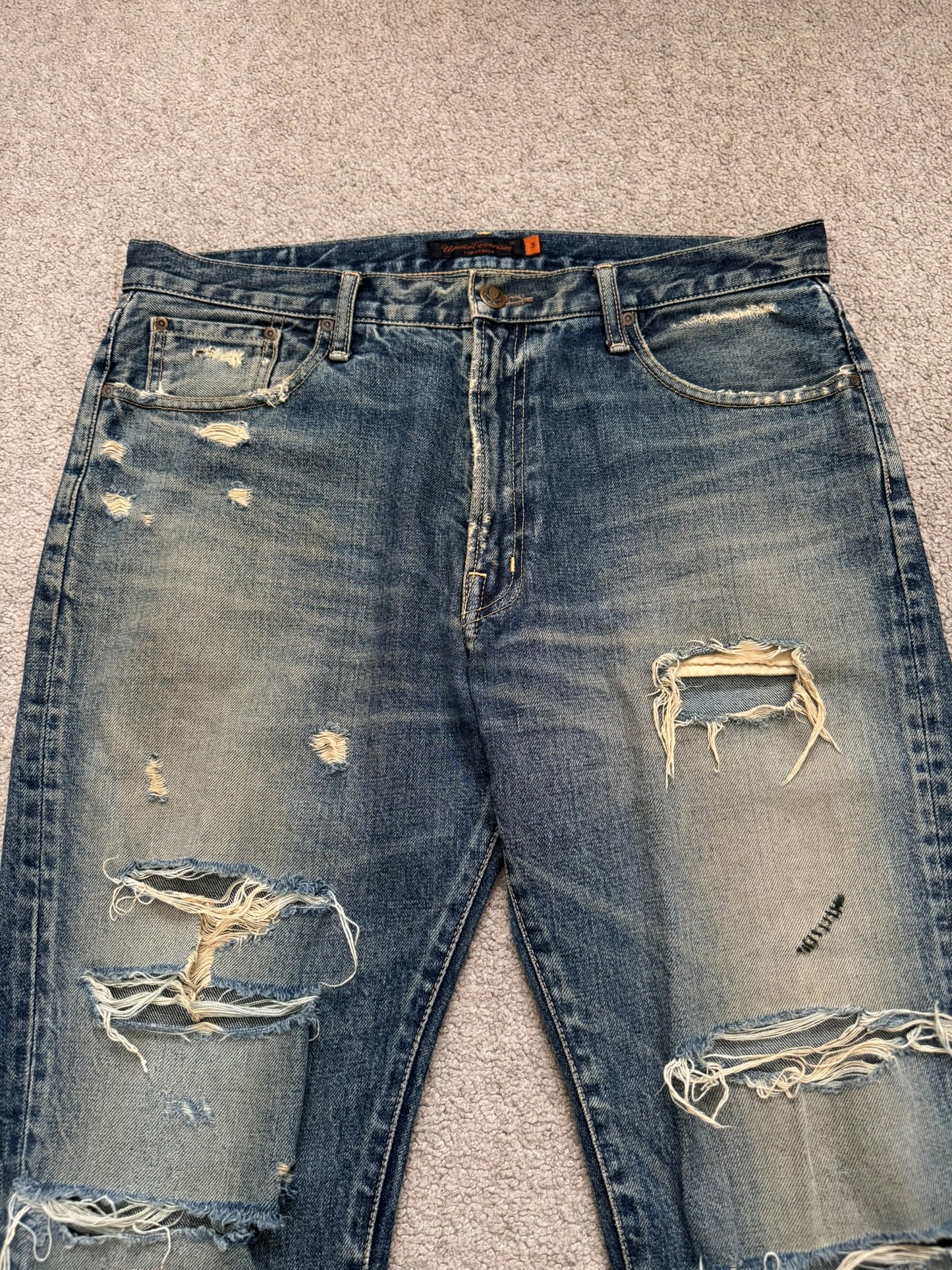 SS05 Undercover "But Beautiful" 60 Distressed Patch Denim Jeans