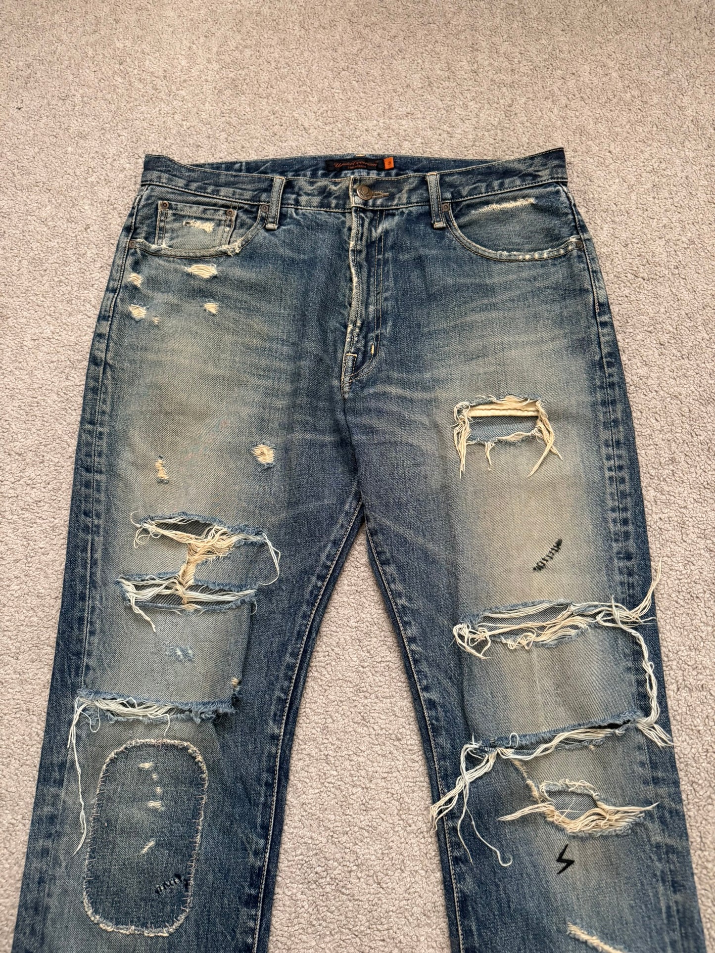 SS05 Undercover "But Beautiful" 60 Distressed Patch Denim Jeans