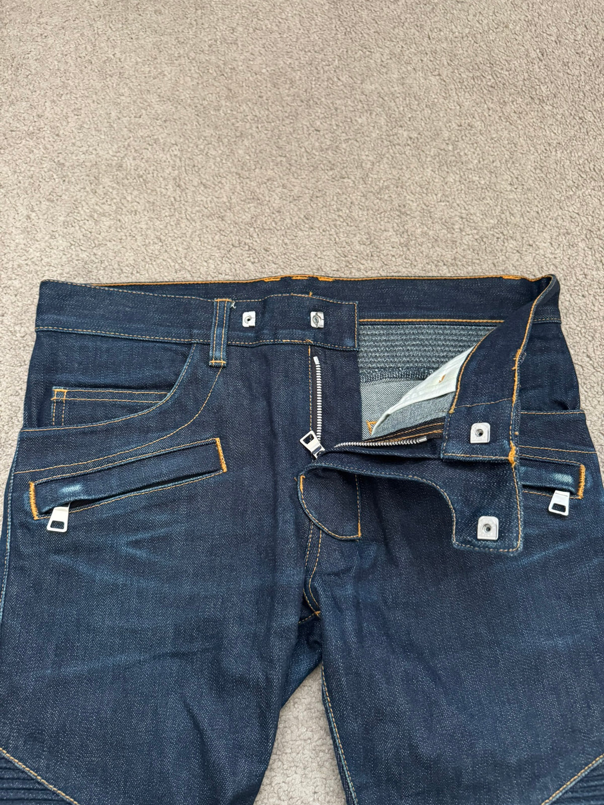 SS15 Balmain by Olivier Rousteing Raw Zip Biker Denim Jeans