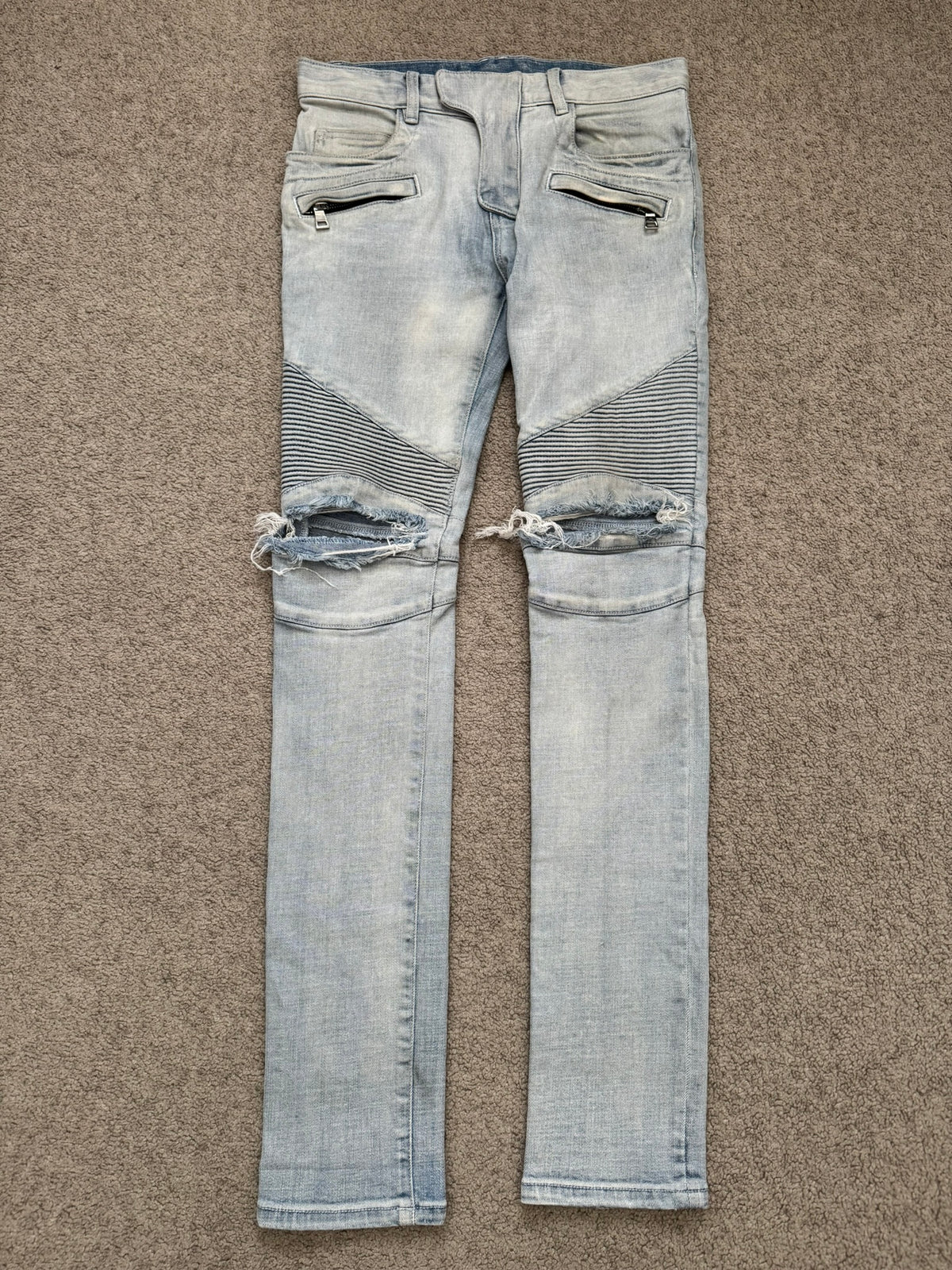 SS15 Balmain by Olivier Rousteing Ice Blue Zip Biker Denim Jeans