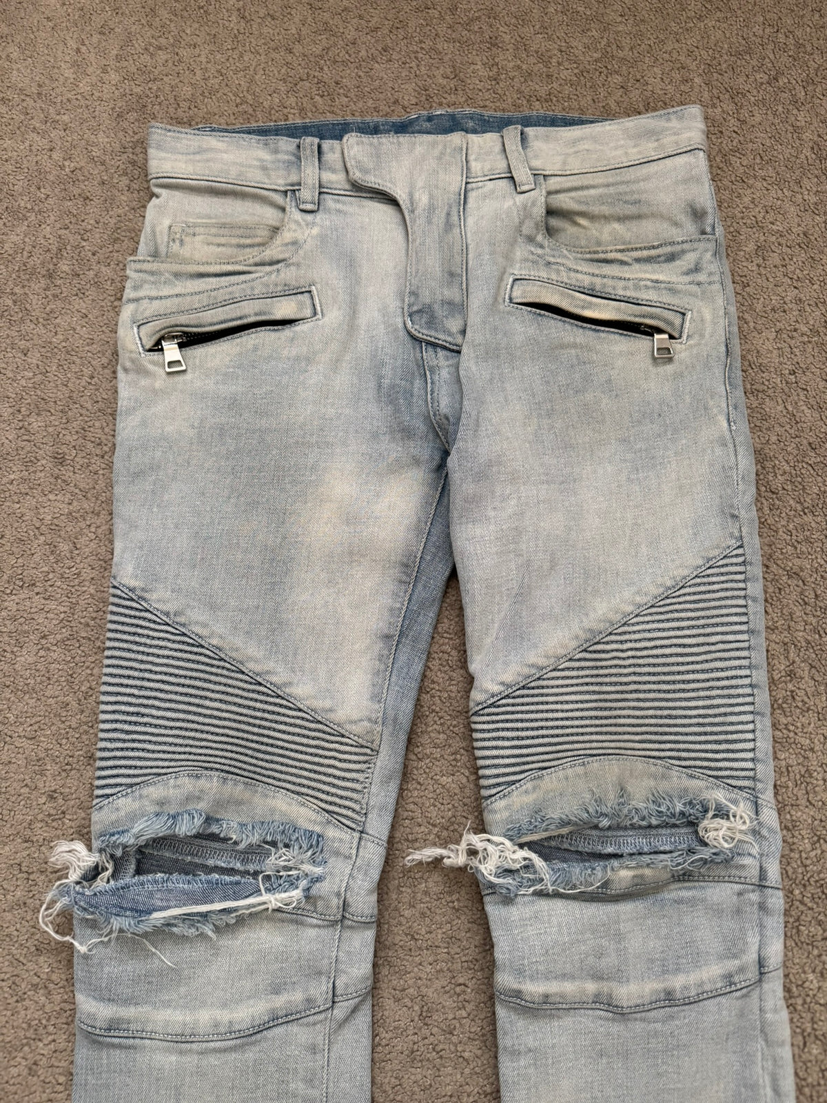 SS15 Balmain by Olivier Rousteing Ice Blue Zip Biker Denim Jeans