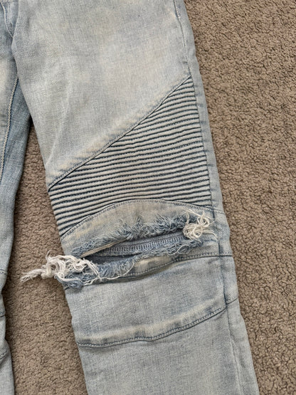 SS15 Balmain by Olivier Rousteing Ice Blue Zip Biker Denim Jeans