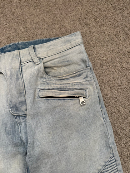 SS15 Balmain by Olivier Rousteing Ice Blue Zip Biker Denim Jeans