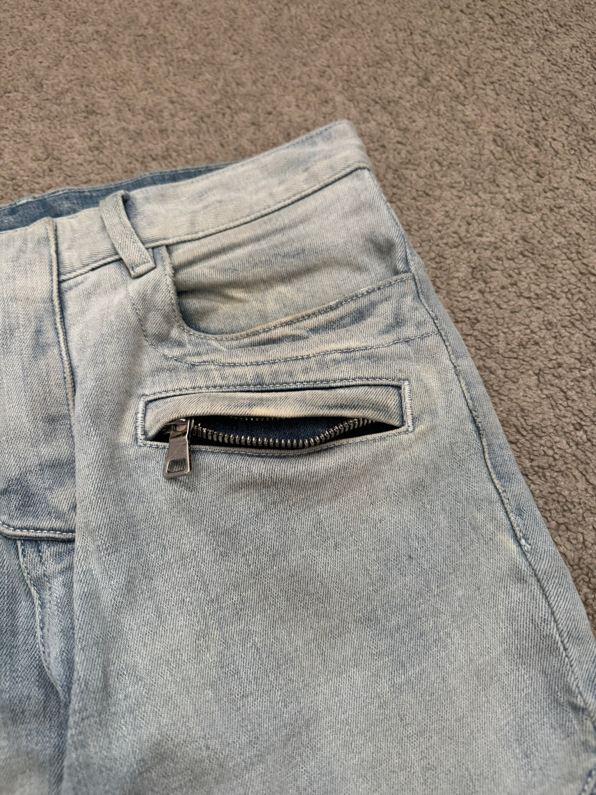 SS15 Balmain by Olivier Rousteing Ice Blue Zip Biker Denim Jeans
