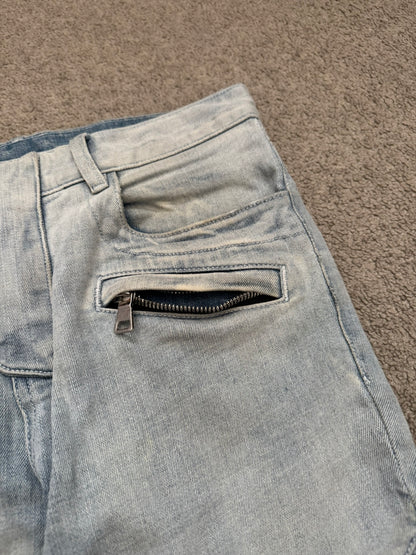 SS15 Balmain by Olivier Rousteing Ice Blue Zip Biker Denim Jeans