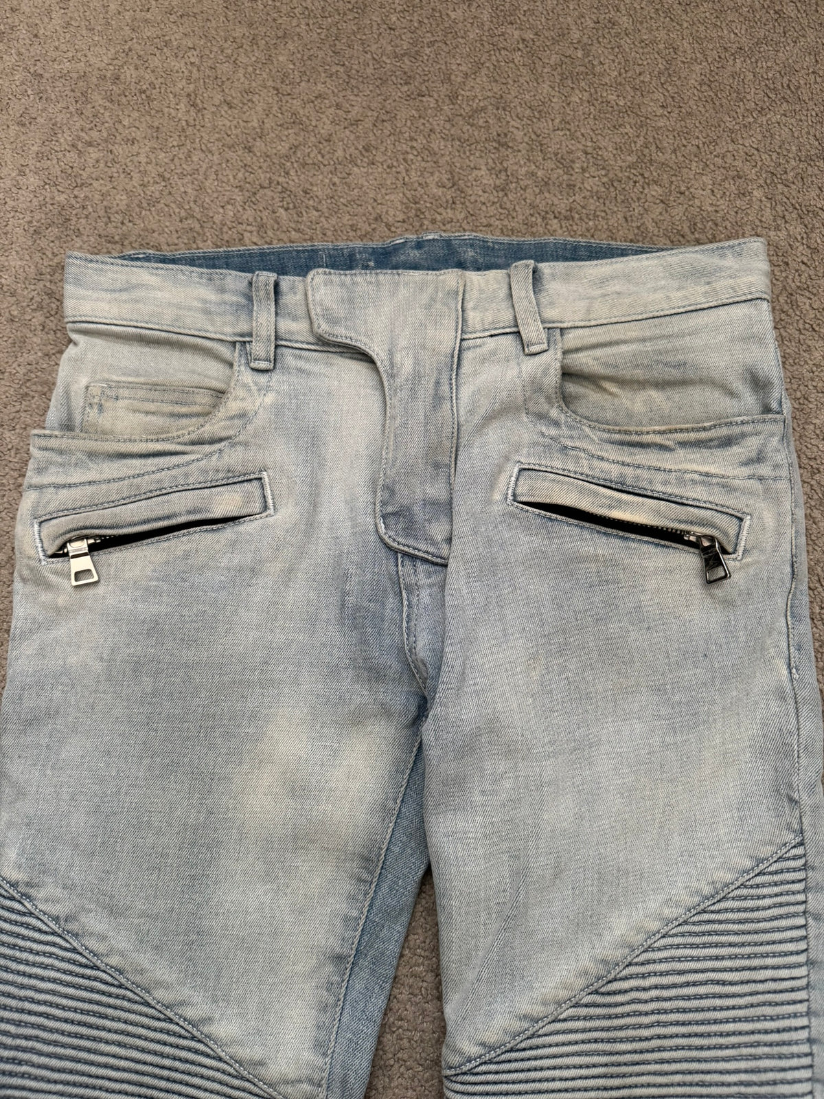 SS15 Balmain by Olivier Rousteing Ice Blue Zip Biker Denim Jeans