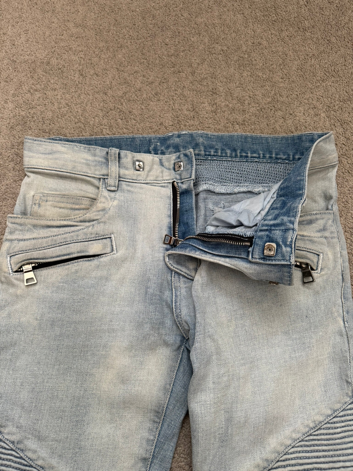 SS15 Balmain by Olivier Rousteing Ice Blue Zip Biker Denim Jeans