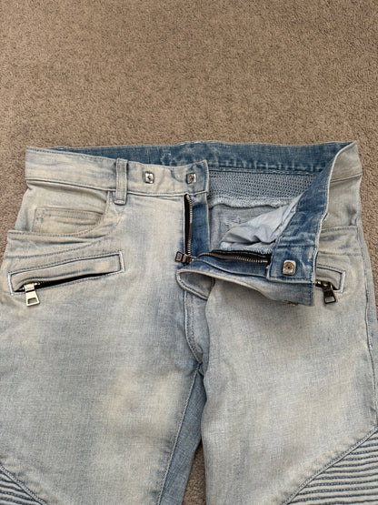 SS15 Balmain by Olivier Rousteing Ice Blue Zip Biker Denim Jeans