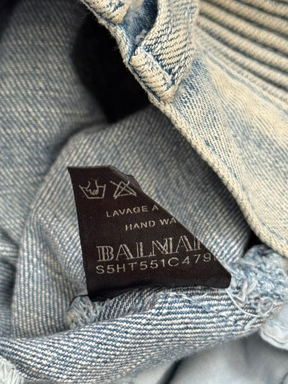 SS15 Balmain by Olivier Rousteing Ice Blue Zip Biker Denim Jeans