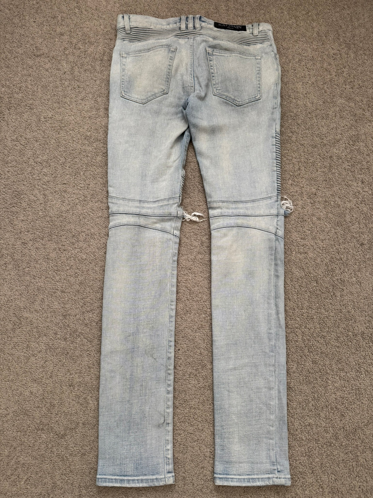 SS15 Balmain by Olivier Rousteing Ice Blue Zip Biker Denim Jeans