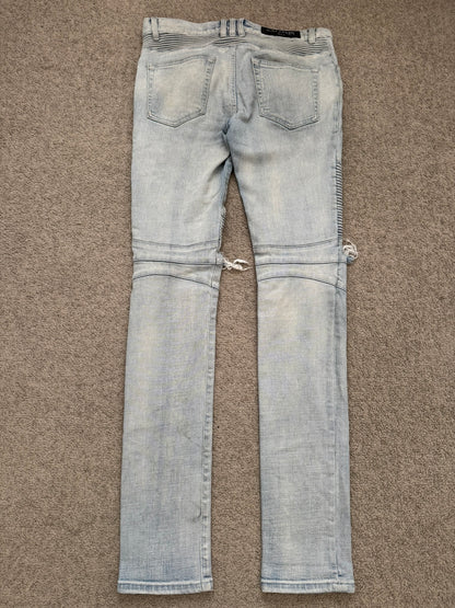 SS15 Balmain by Olivier Rousteing Ice Blue Zip Biker Denim Jeans