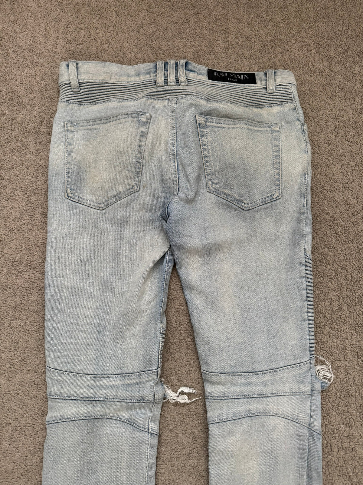 SS15 Balmain by Olivier Rousteing Ice Blue Zip Biker Denim Jeans