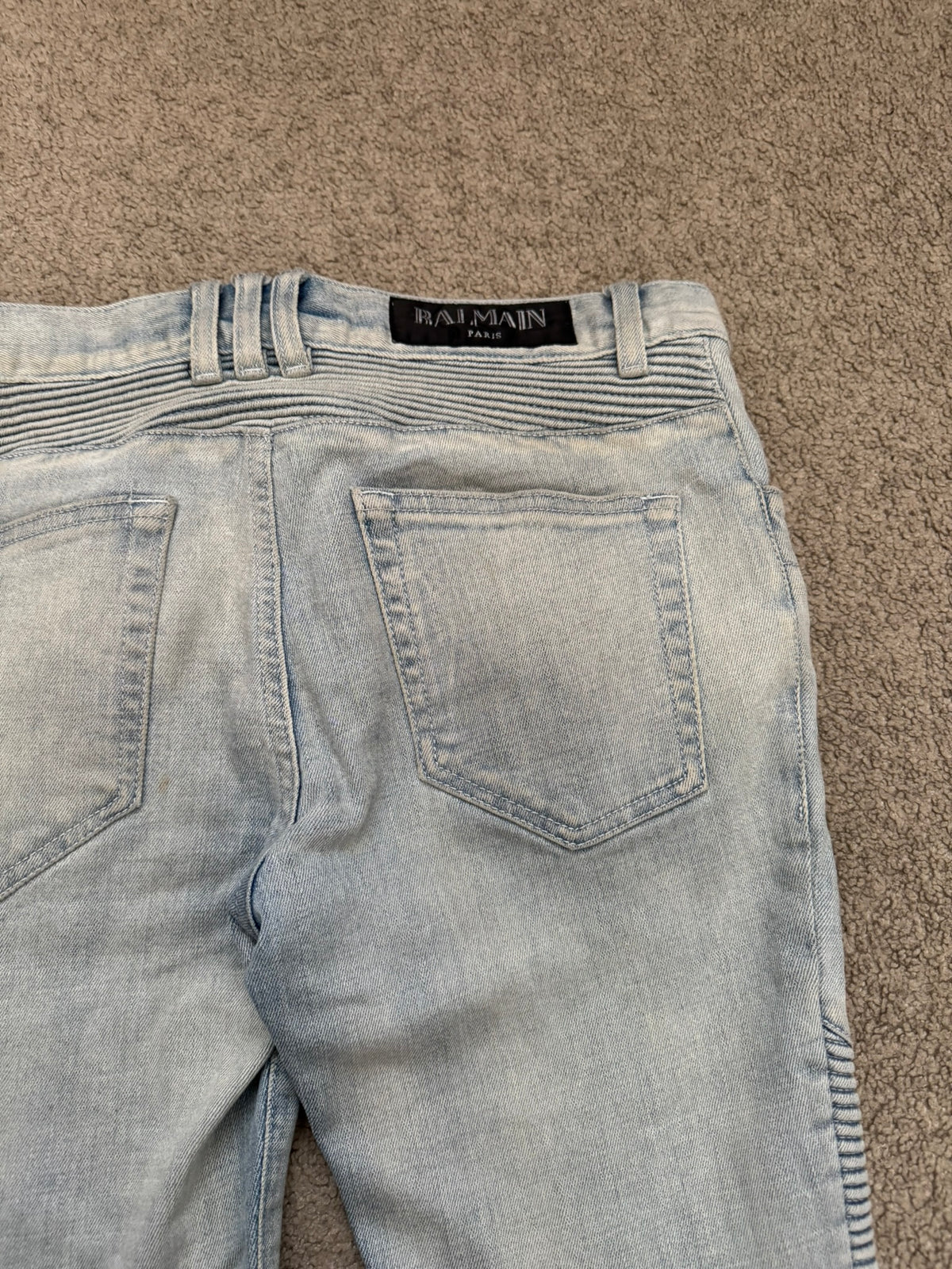 SS15 Balmain by Olivier Rousteing Ice Blue Zip Biker Denim Jeans
