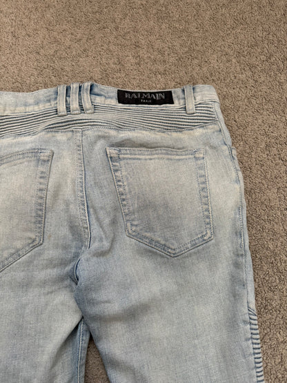 SS15 Balmain by Olivier Rousteing Ice Blue Zip Biker Denim Jeans