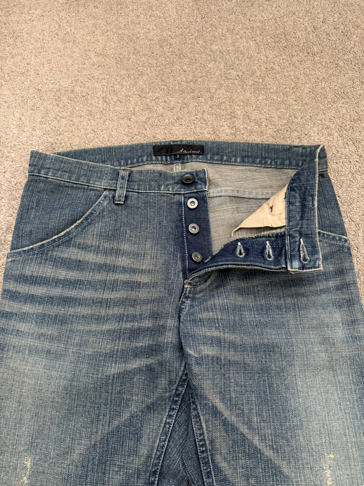 Kazuyuki Kumagai Attachment Washed Distressed Denim Jeans