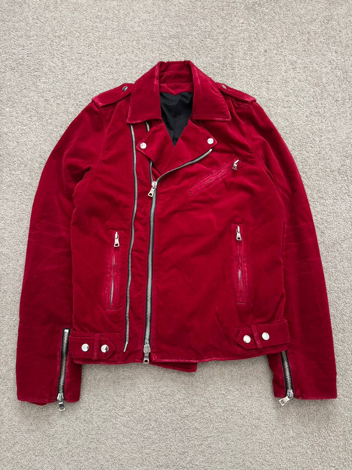FW15 Balmain by Olivier Rousteing Red Velvet Biker Jacket