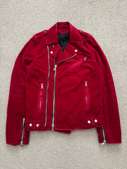 FW15 Balmain by Olivier Rousteing Red Velvet Biker Jacket