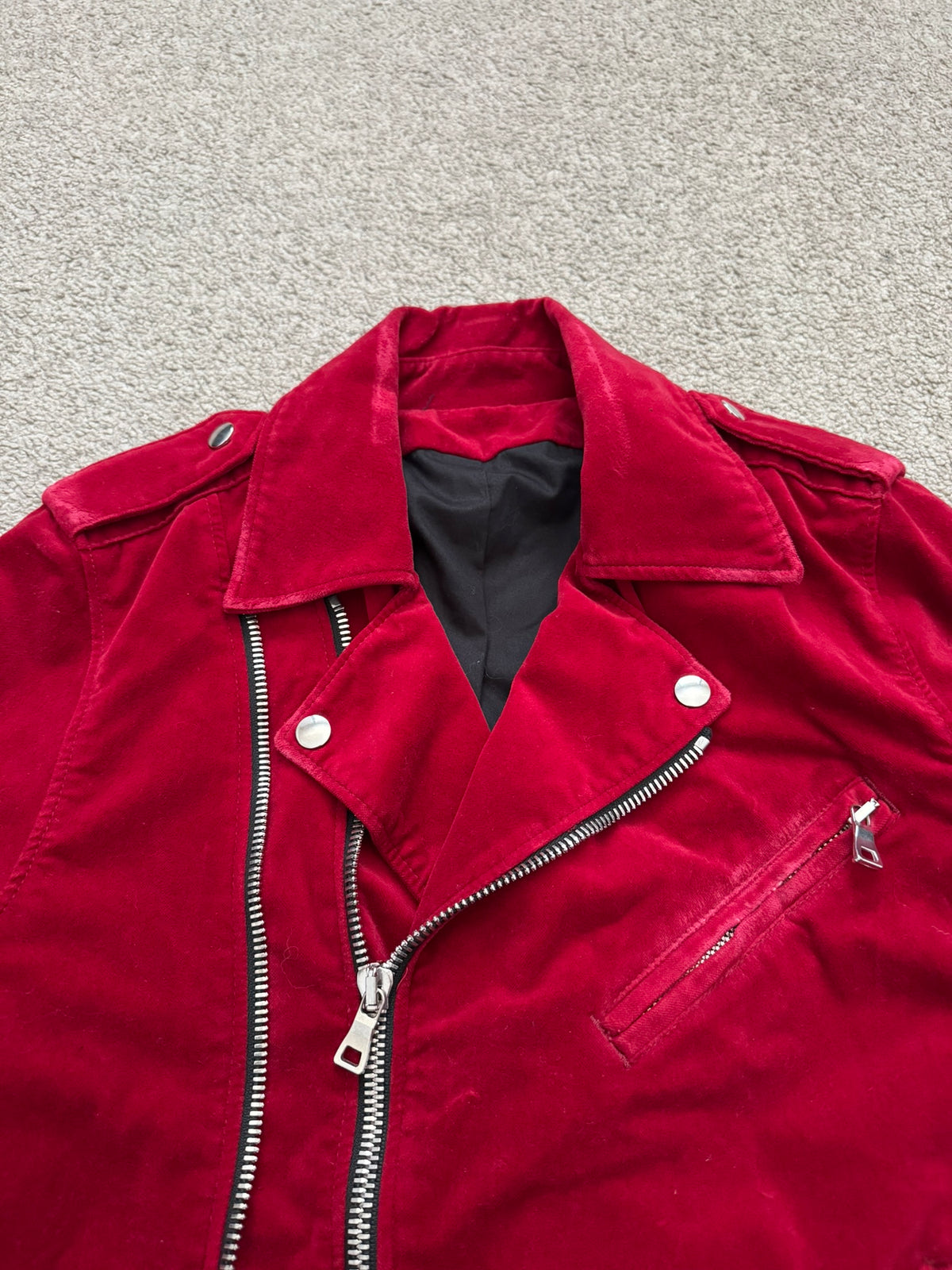 FW15 Balmain by Olivier Rousteing Red Velvet Biker Jacket