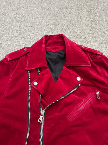 FW15 Balmain by Olivier Rousteing Red Velvet Biker Jacket
