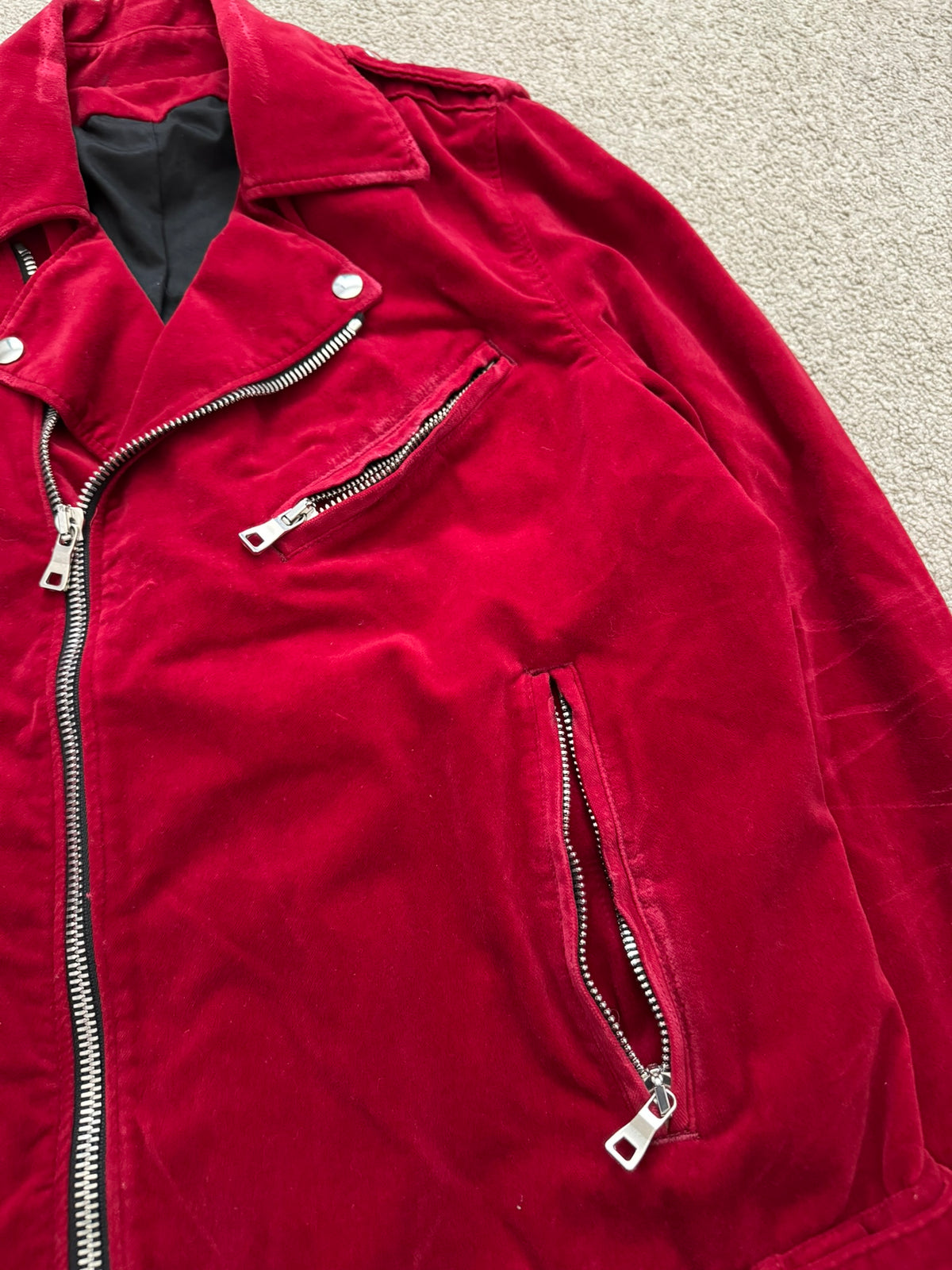 FW15 Balmain by Olivier Rousteing Red Velvet Biker Jacket