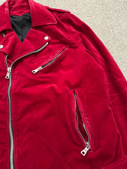 FW15 Balmain by Olivier Rousteing Red Velvet Biker Jacket