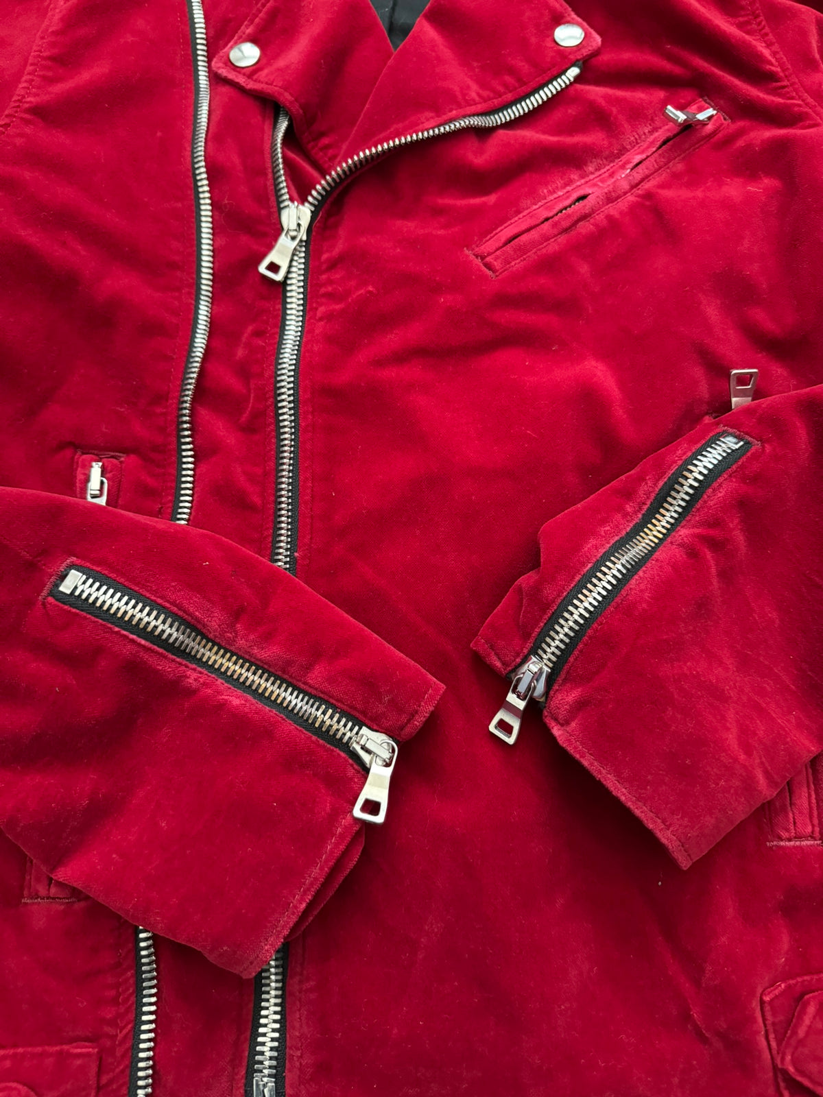 FW15 Balmain by Olivier Rousteing Red Velvet Biker Jacket