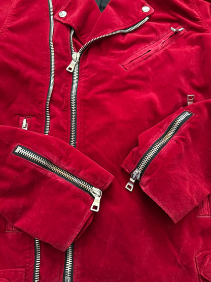 FW15 Balmain by Olivier Rousteing Red Velvet Biker Jacket