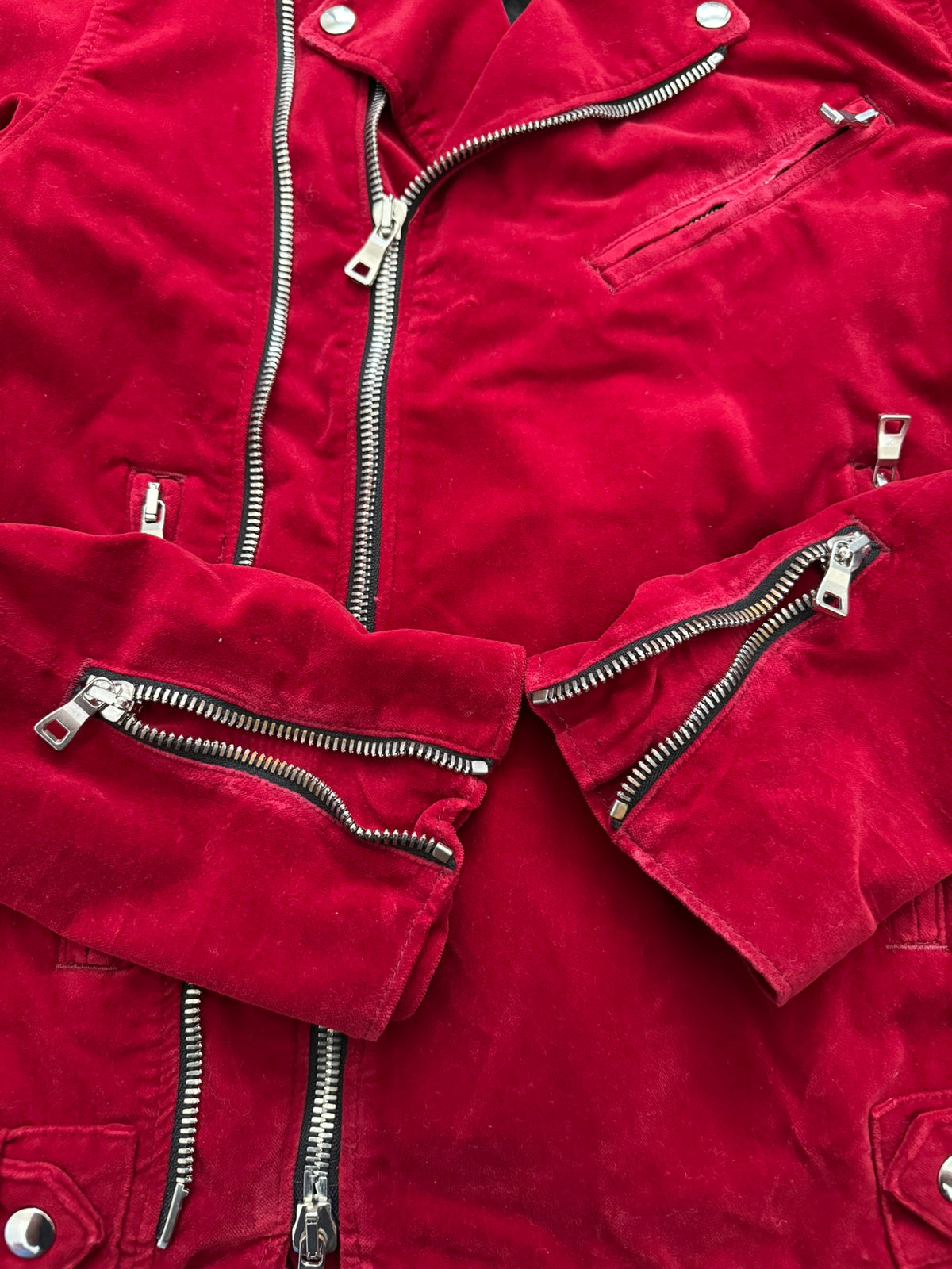 FW15 Balmain by Olivier Rousteing Red Velvet Biker Jacket