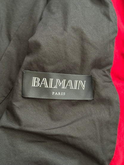 FW15 Balmain by Olivier Rousteing Red Velvet Biker Jacket