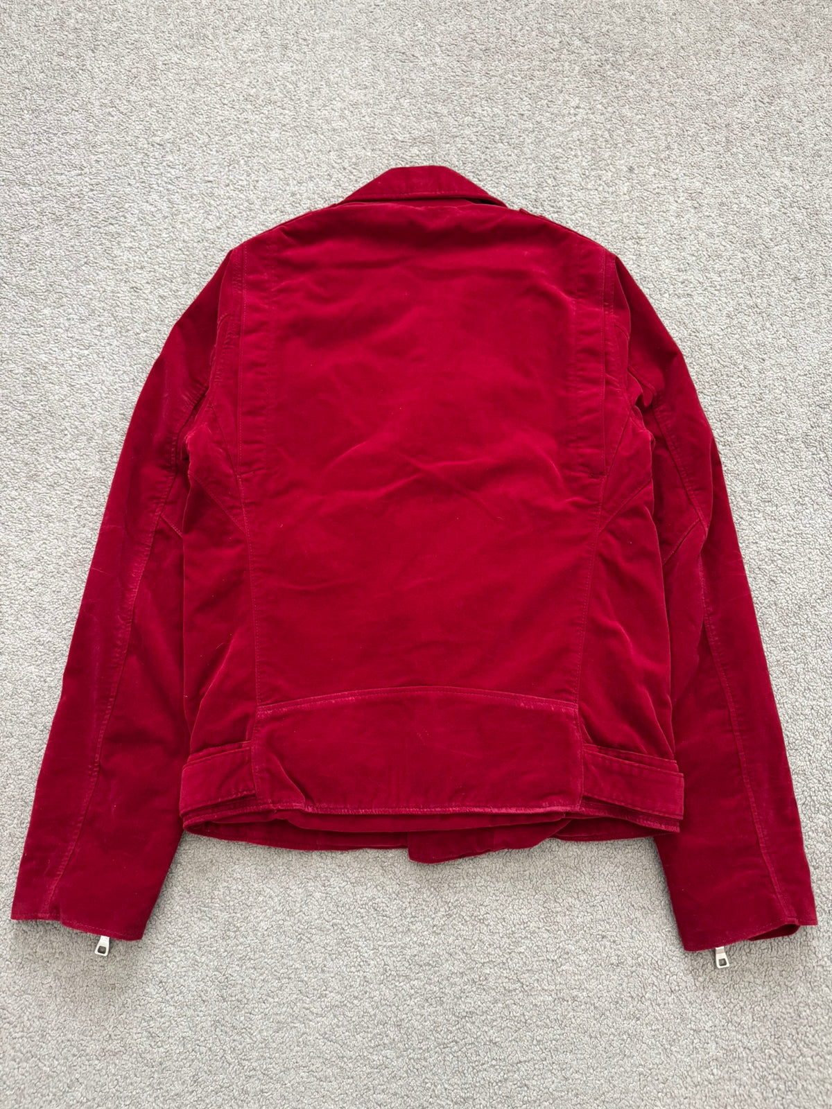 FW15 Balmain by Olivier Rousteing Red Velvet Biker Jacket