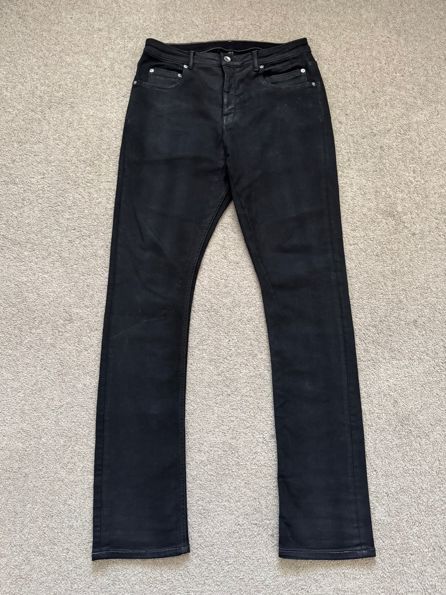 SS24 Rick Owens DRKSHDW Black Waxed Detroit Cut Denim Jeans