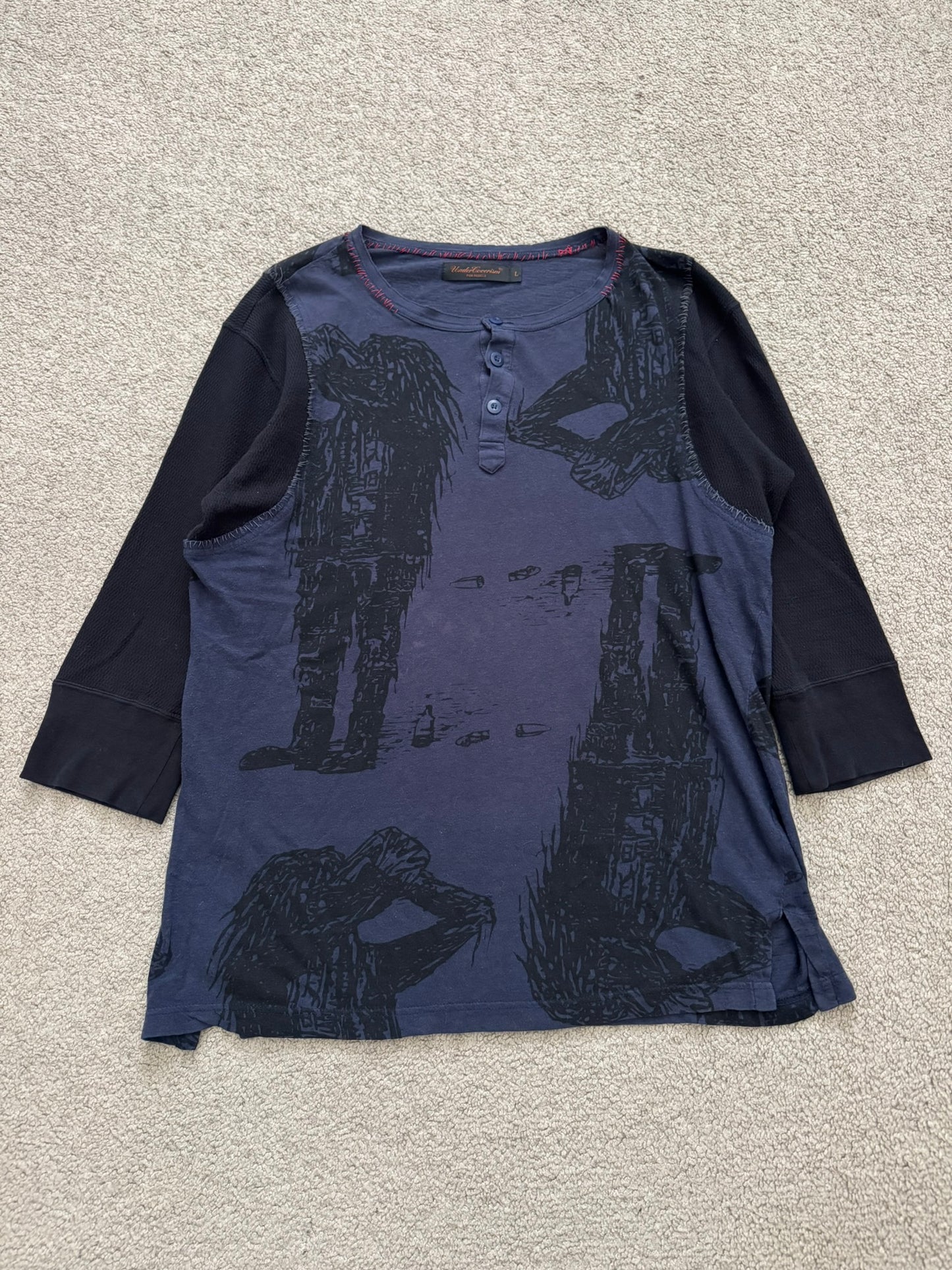 SS03 Undercover "Scab" Drunkard Print Henley Thermal Shirt